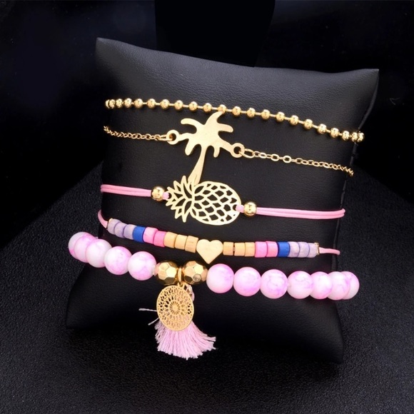 5pc Set Pink Handmade Bracelet Pineapple Palm tree - Picture 2 of 8